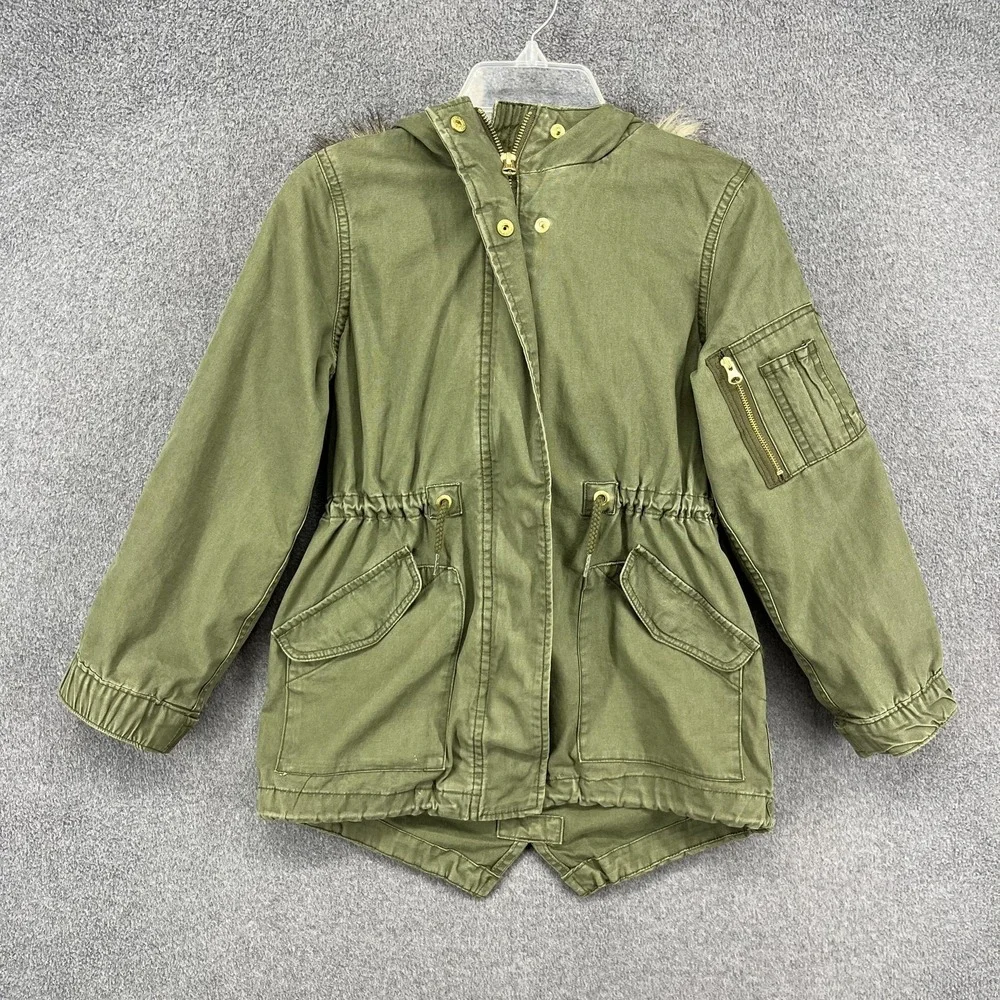GAP Kids Jacket Girls Small 6-7 Olive Hooded Parka Faux Fur‎ Trim Utility Anorak